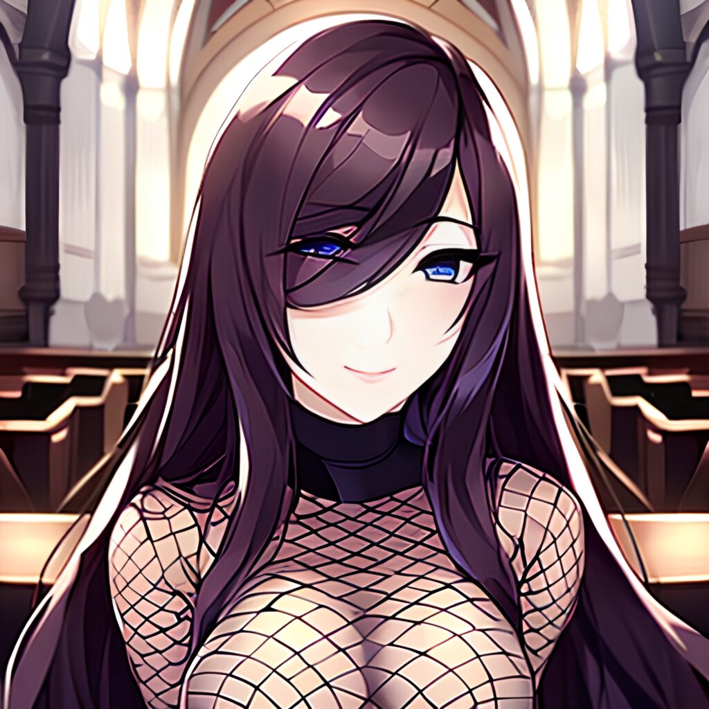 woman brunette fishnet messy hair long hair church