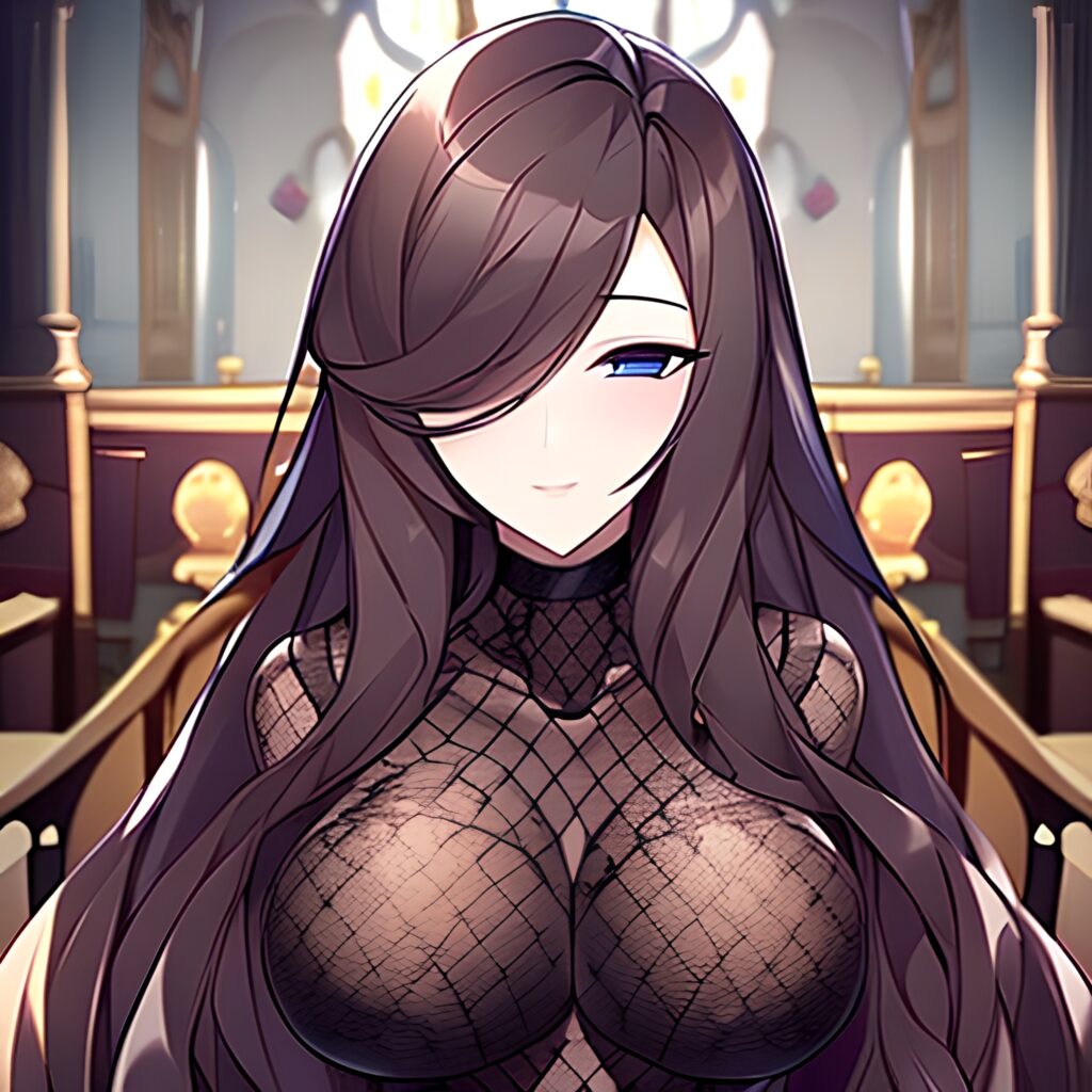 woman brunette long hair church fishnet messy hair