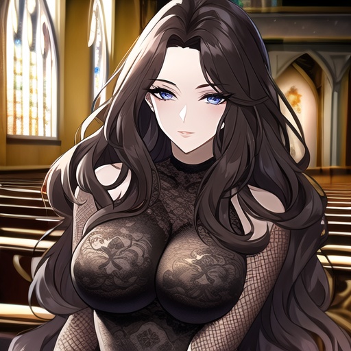 woman brunette long hair church fishnet messy hair