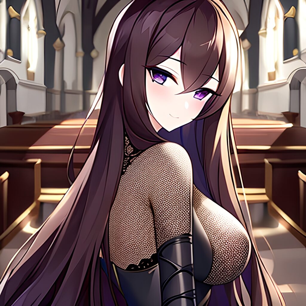 woman brunette long hair church fishnet messy hair