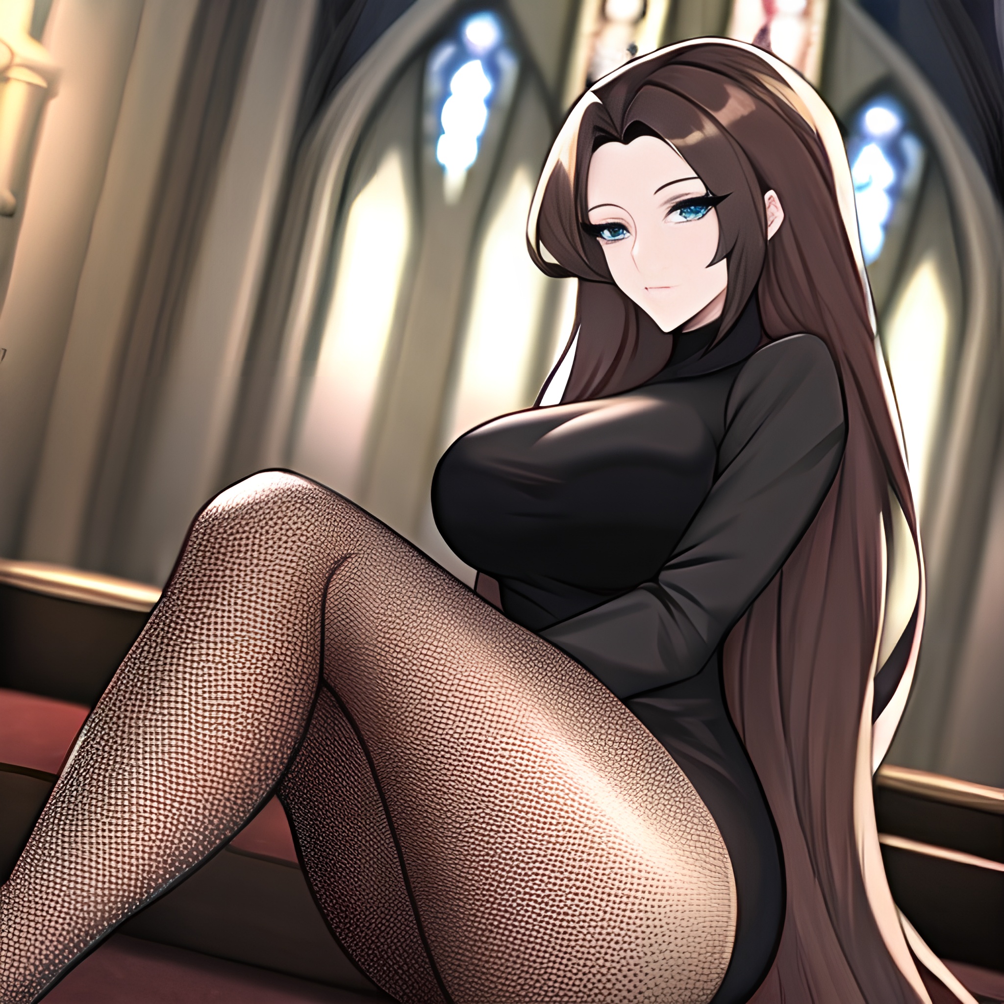 woman brunette long hair church messy hair fishnet 