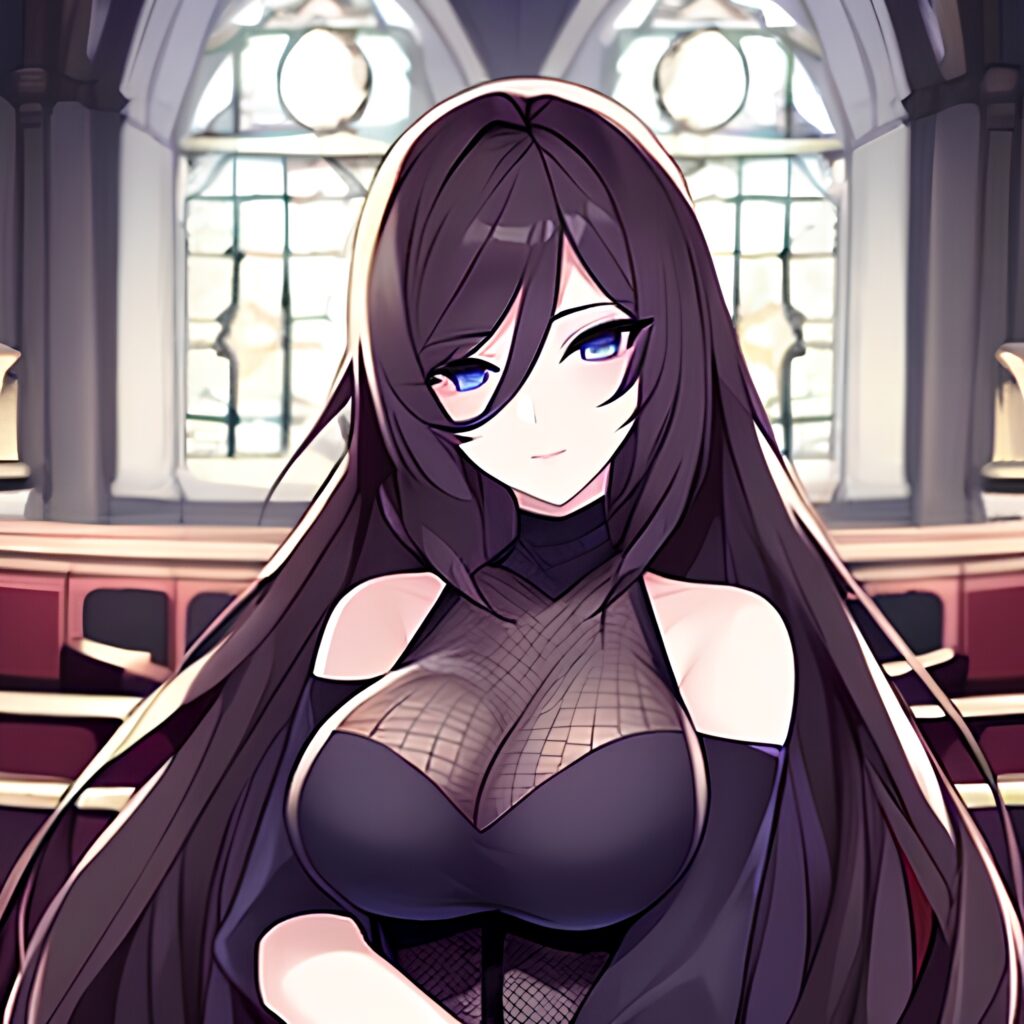woman brunette long hair fishnet church messy hair