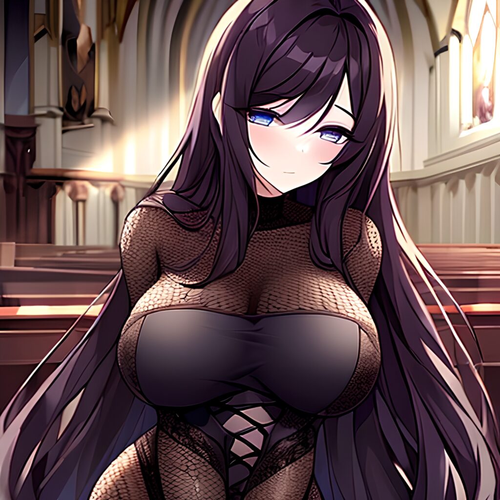woman brunette long hair fishnet church messy hair 