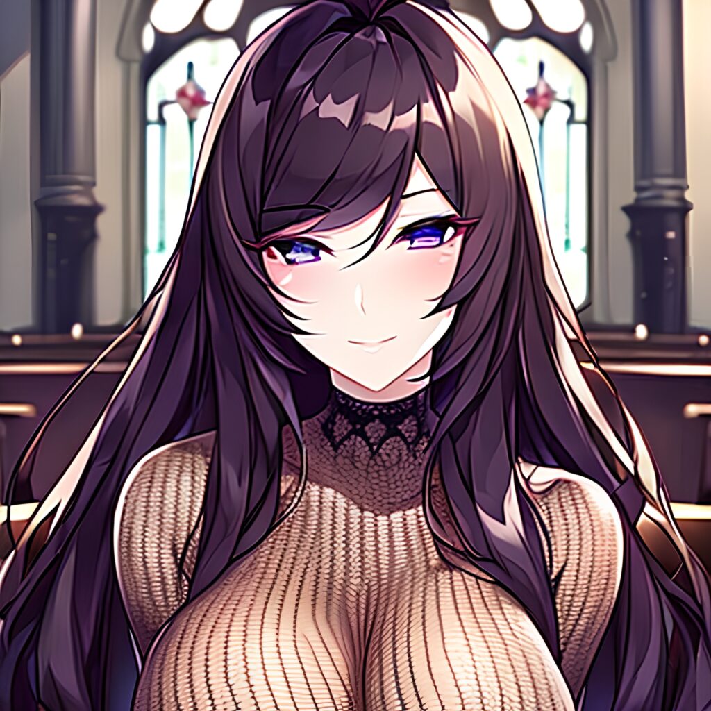 woman brunette long hair fishnet messy hair church