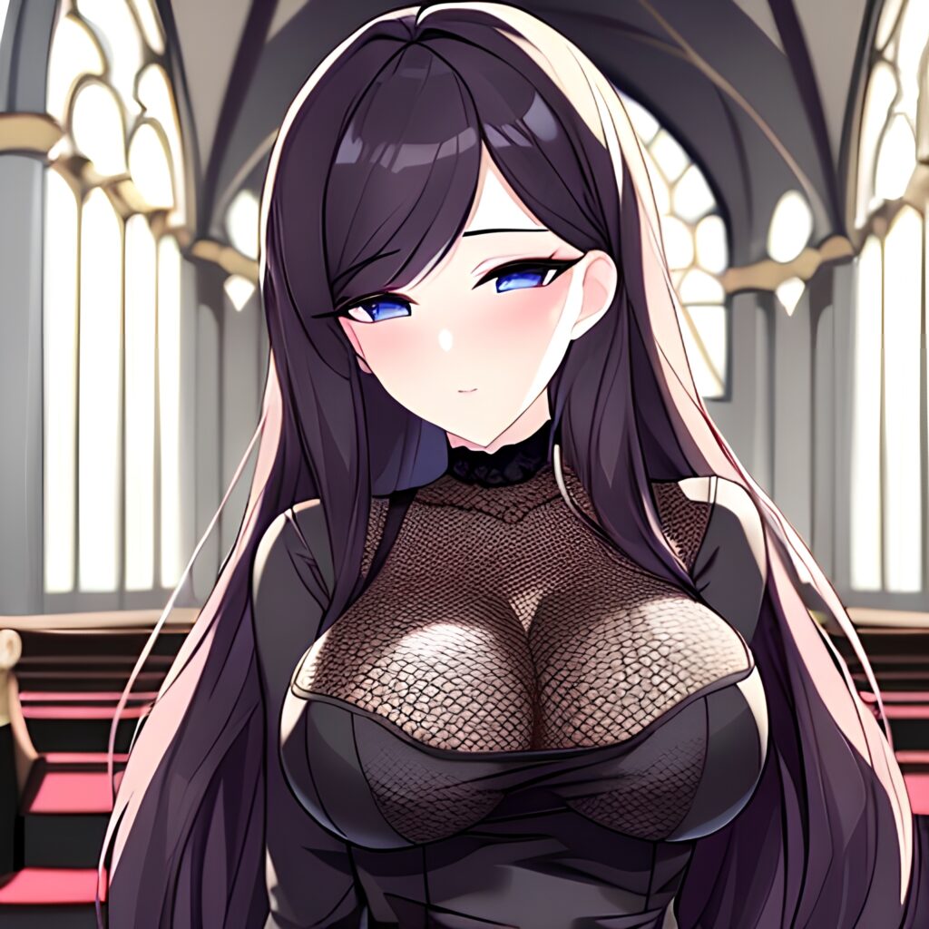 woman brunette long hair fishnet messy hair church 