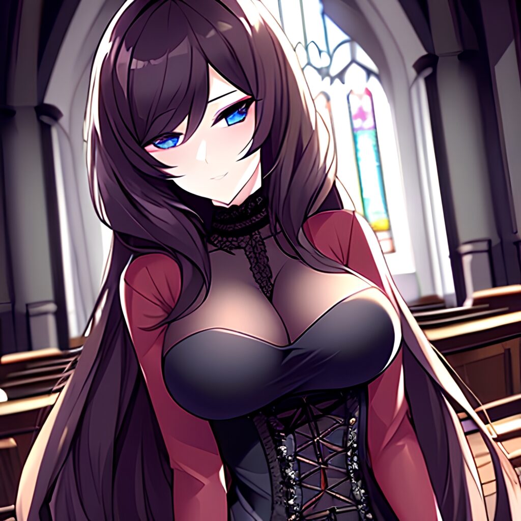 woman brunette long hair fishnet messy hair church