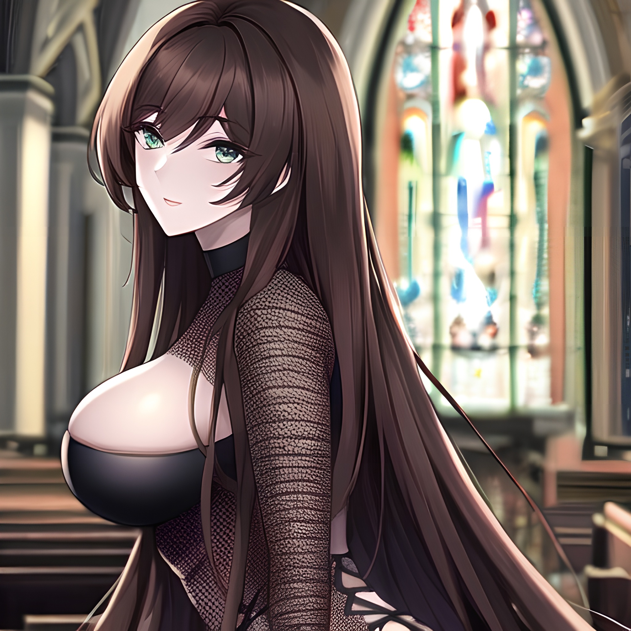 woman brunette long hair fishnet messy hair church