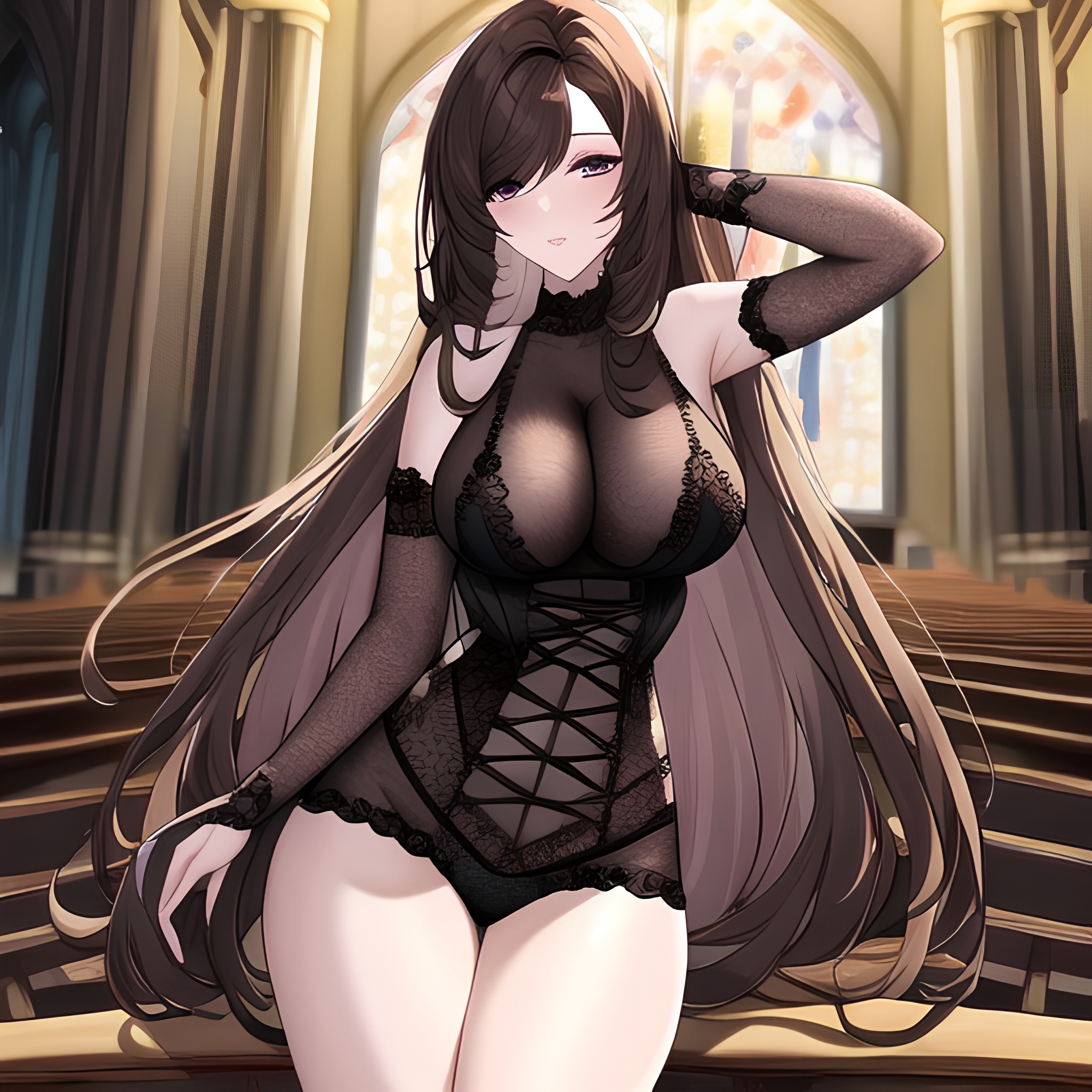 woman brunette long hair messy hair church fishnet