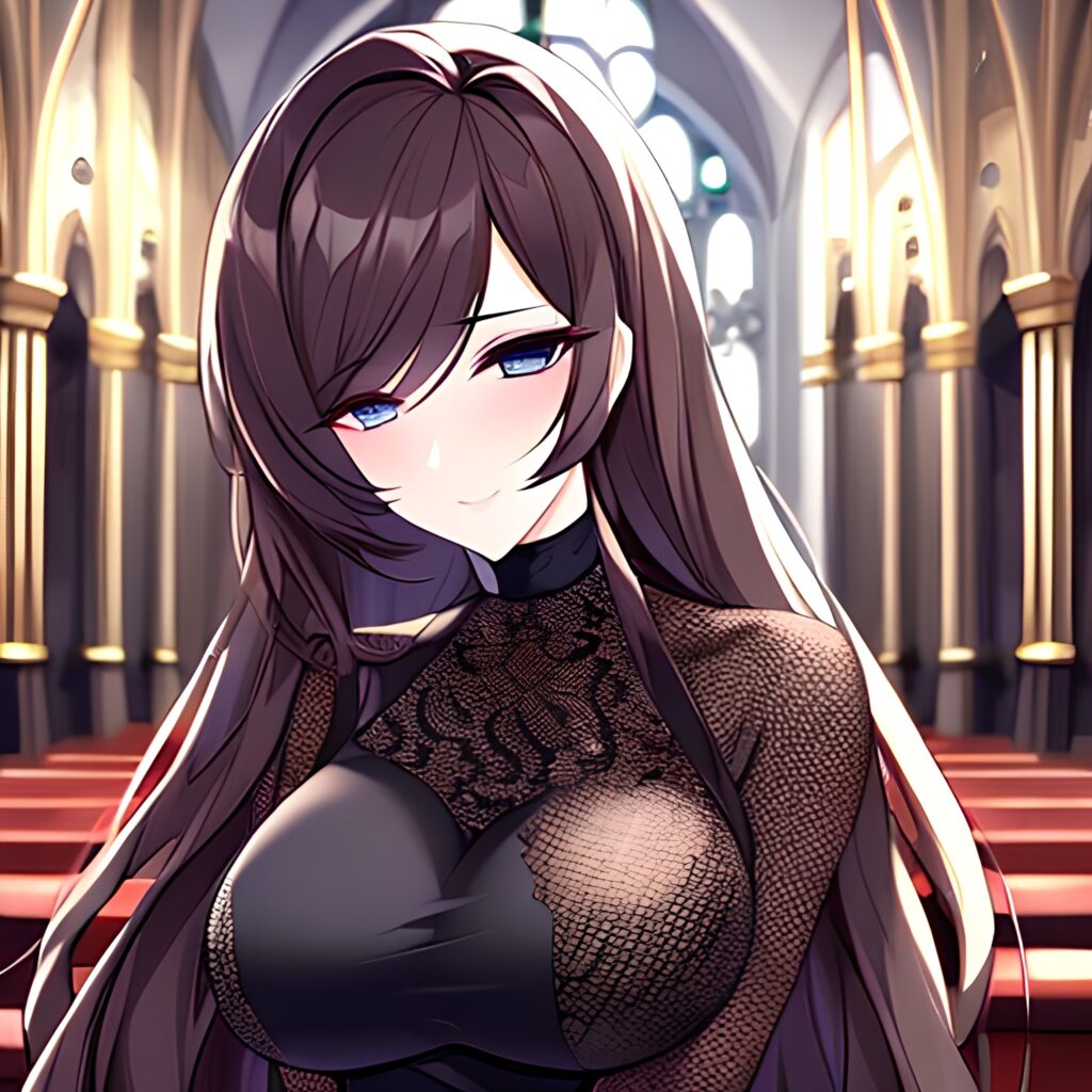 woman brunette long hair messy hair church fishnet 