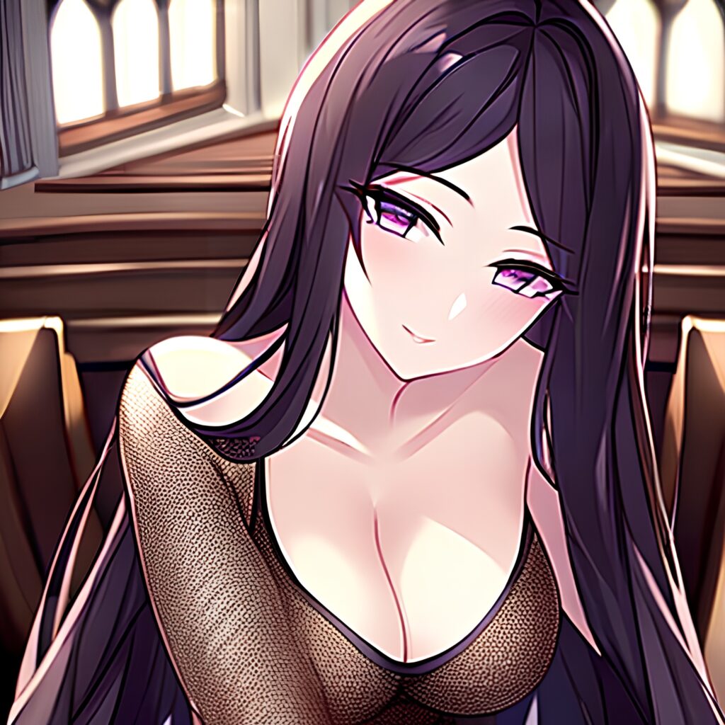 woman brunette long hair messy hair church fishnet