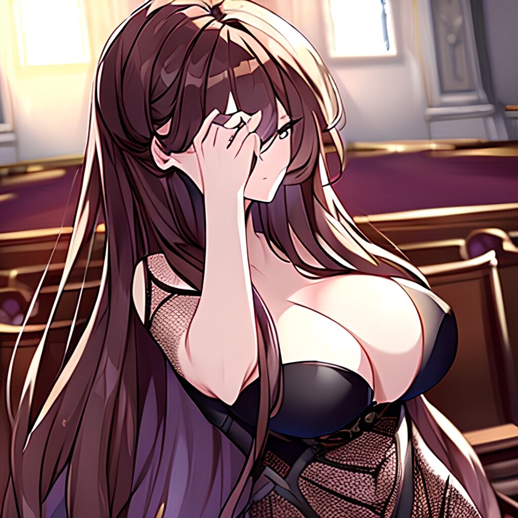 woman brunette long hair messy hair church fishnet