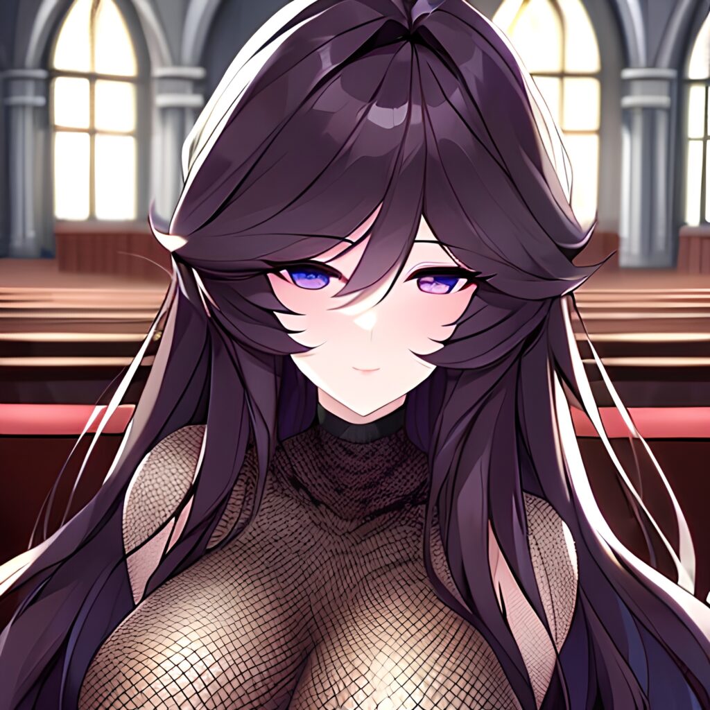 woman brunette long hair messy hair church fishnet