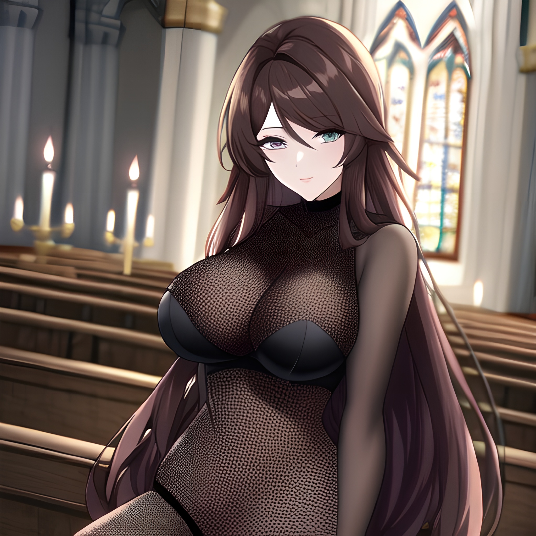 woman brunette long hair messy hair church fishnet 