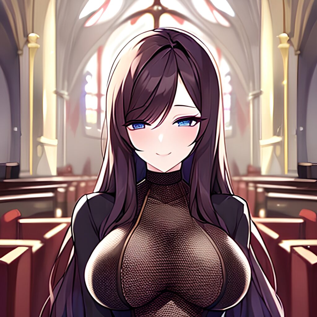 woman brunette long hair messy hair fishnet church