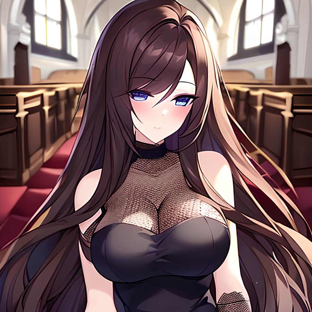 woman brunette long hair messy hair fishnet church