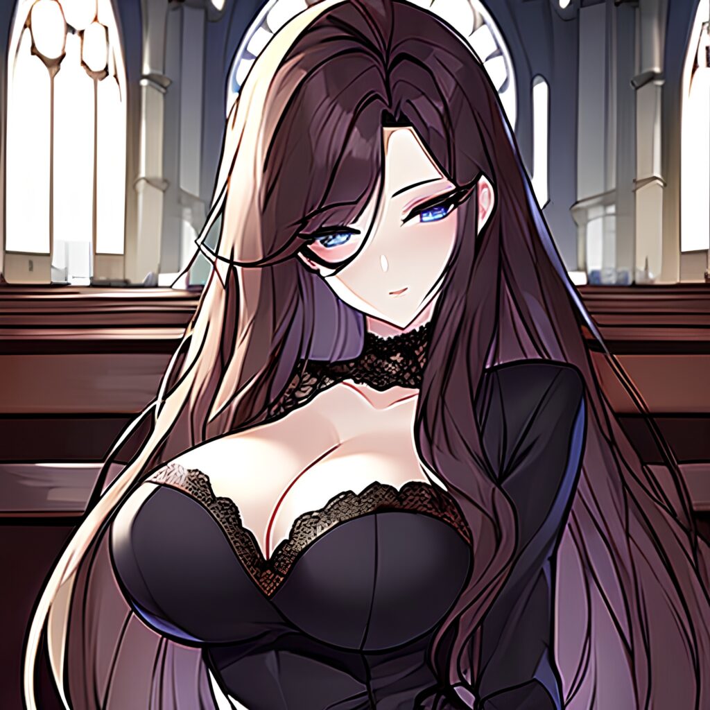 woman brunette messy hair church fishnet long hair