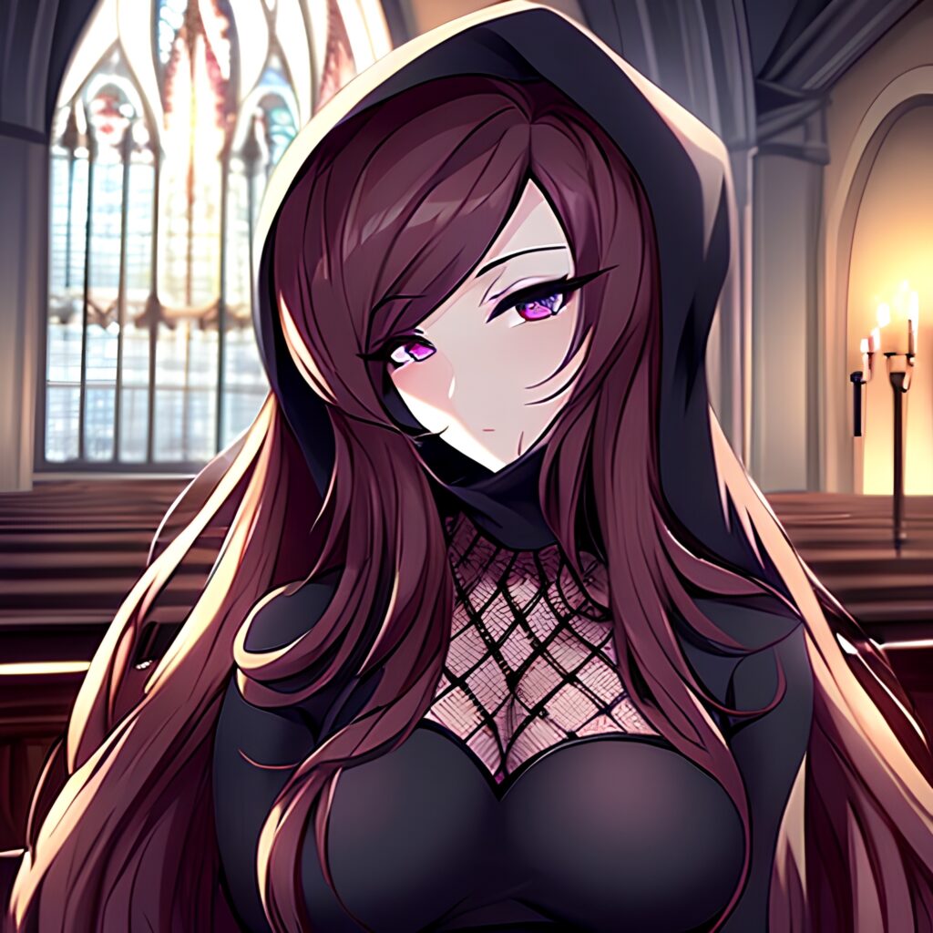 woman brunette messy hair church fishnet long hair 
