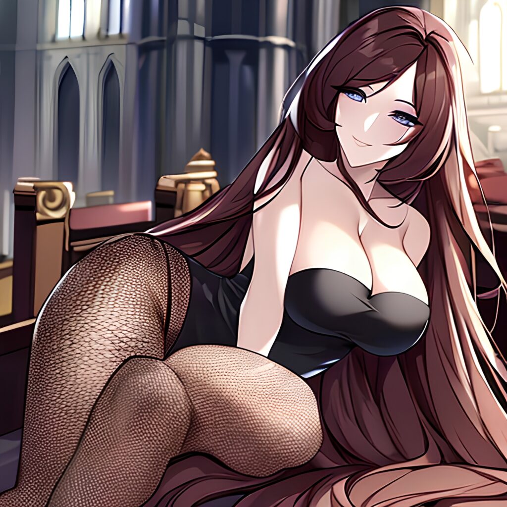 woman brunette messy hair church fishnet long hair 