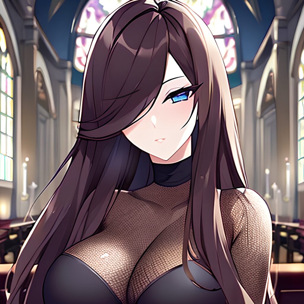 woman brunette messy hair church long hair fishnet 
