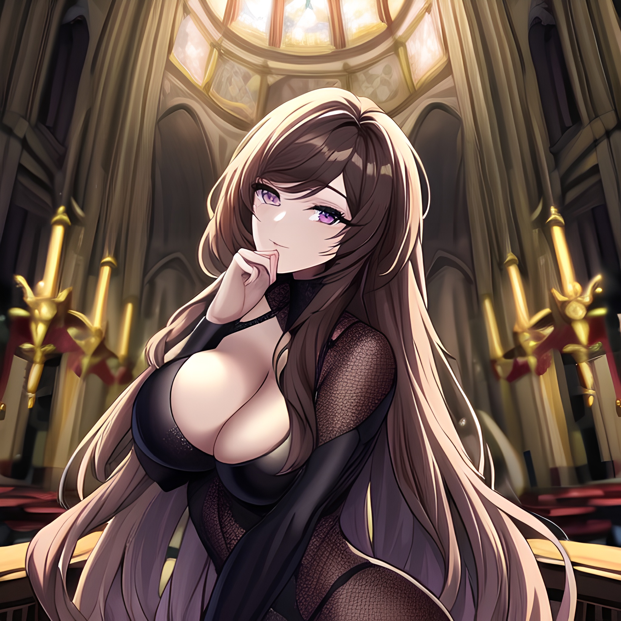 woman brunette messy hair fishnet church long hair 