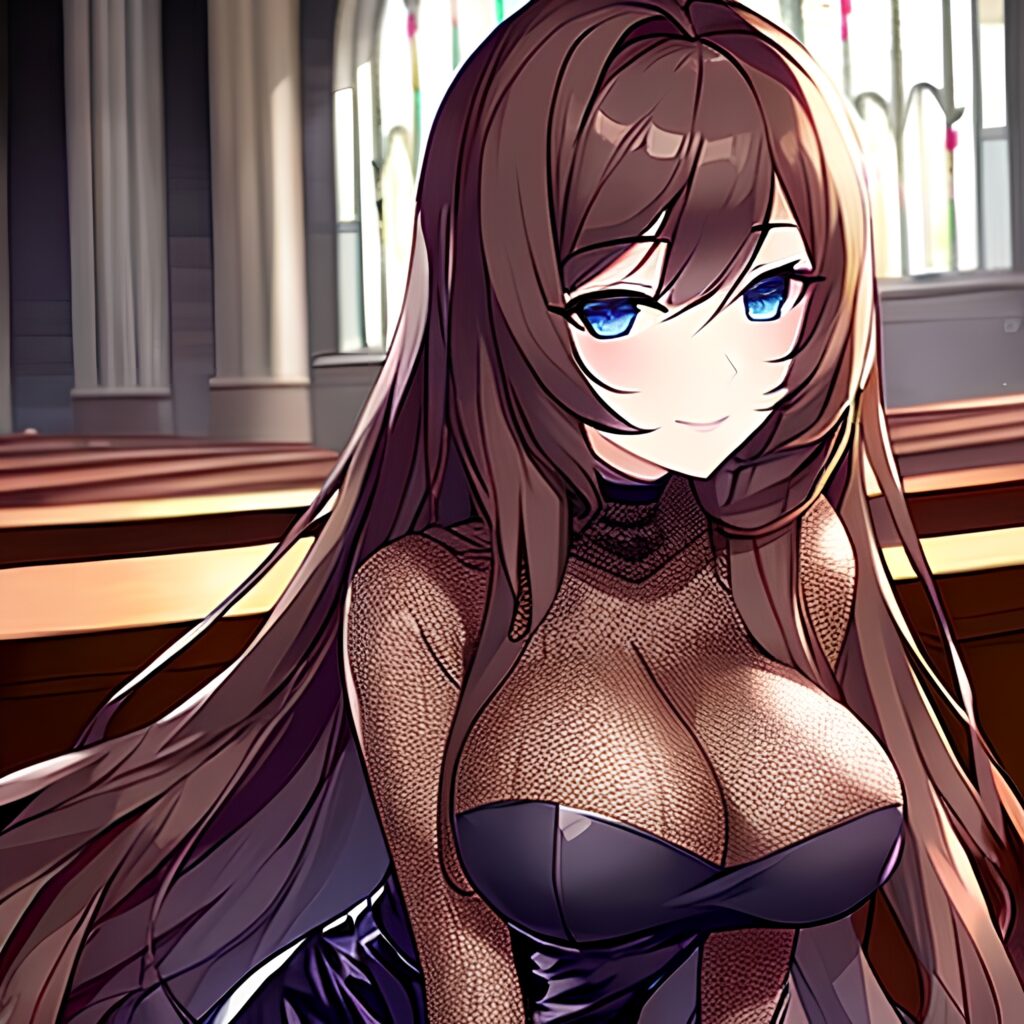 woman brunette messy hair fishnet long hair church