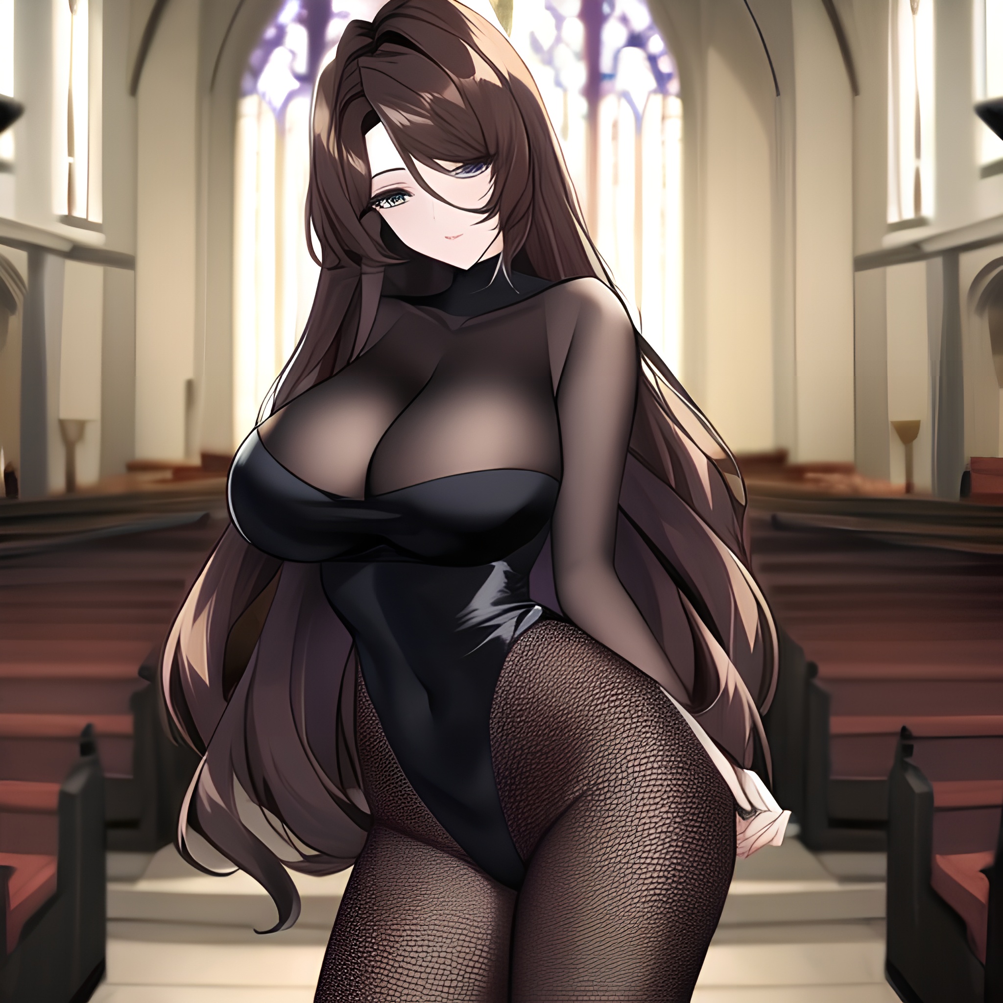 woman brunette messy hair long hair church fishnet 