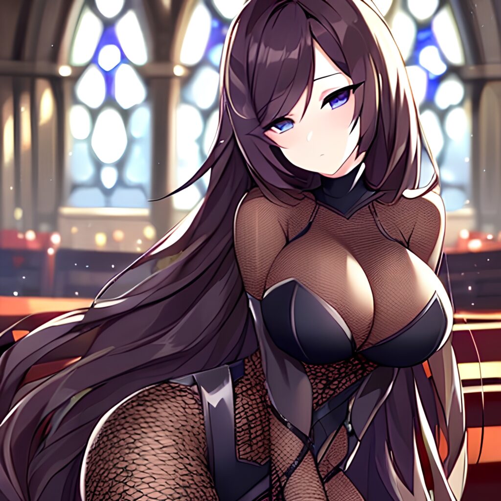 woman brunette messy hair long hair church fishnet 
