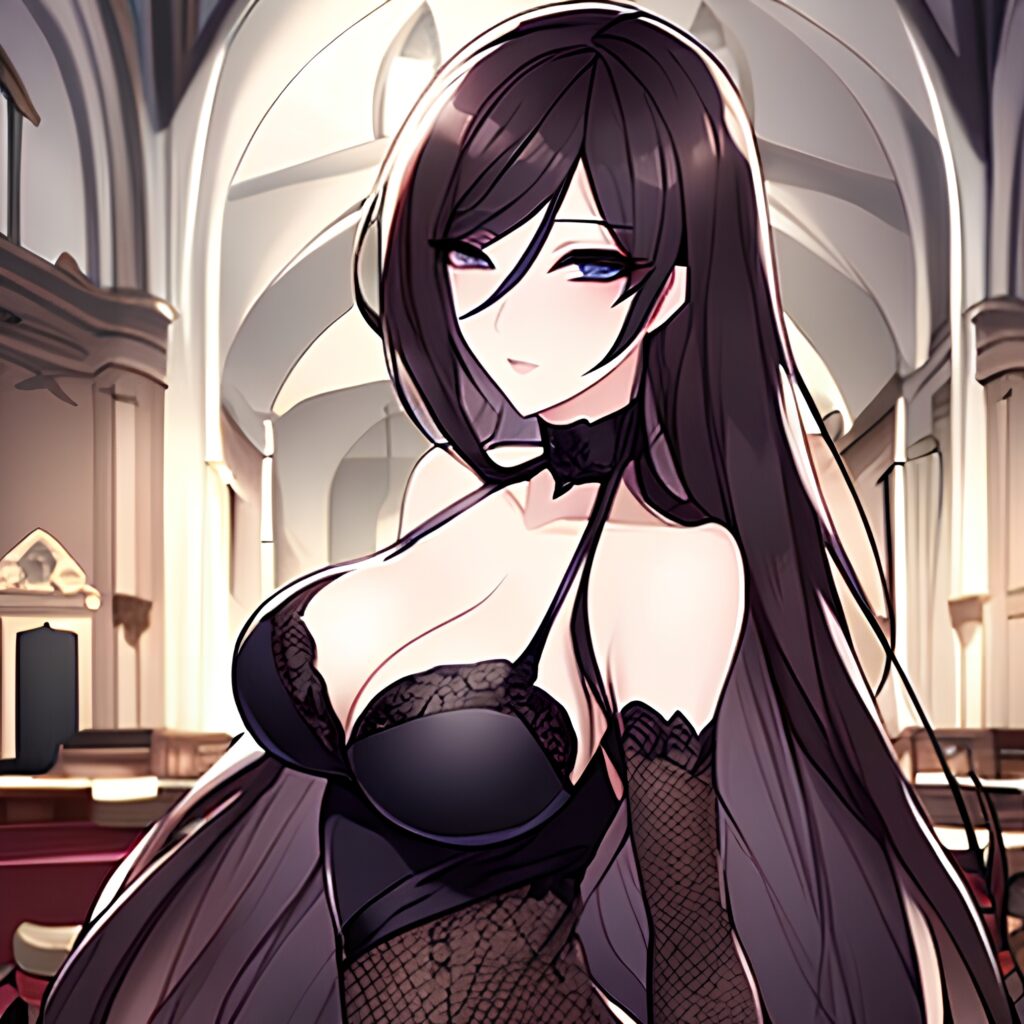 woman brunette messy hair long hair church fishnet 