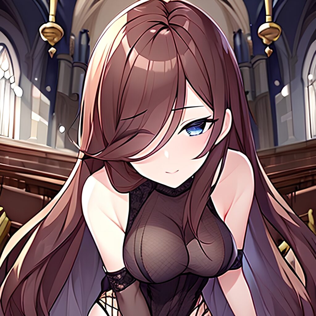 woman brunette messy hair long hair fishnet church