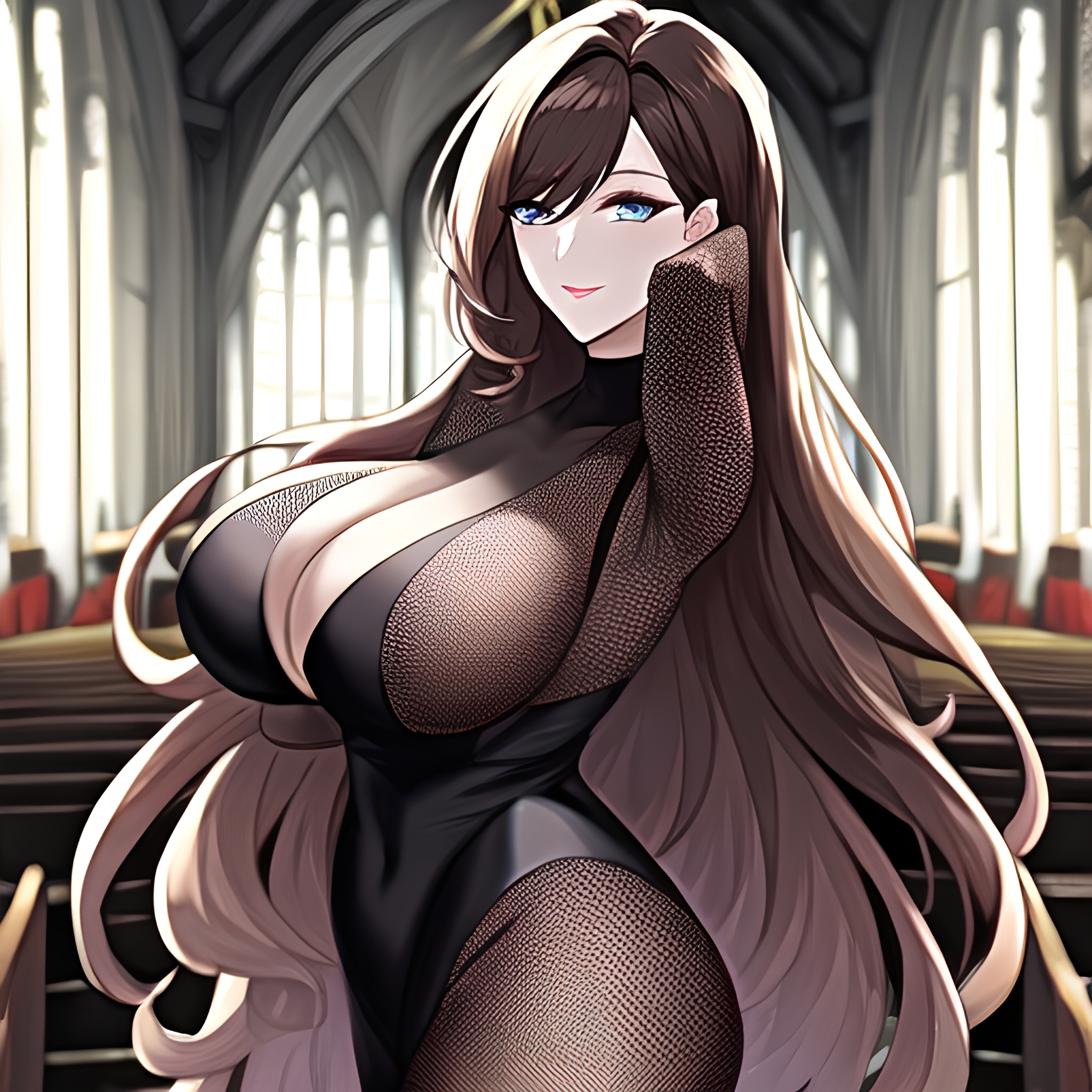 woman church brunette long hair fishnet messy hair 