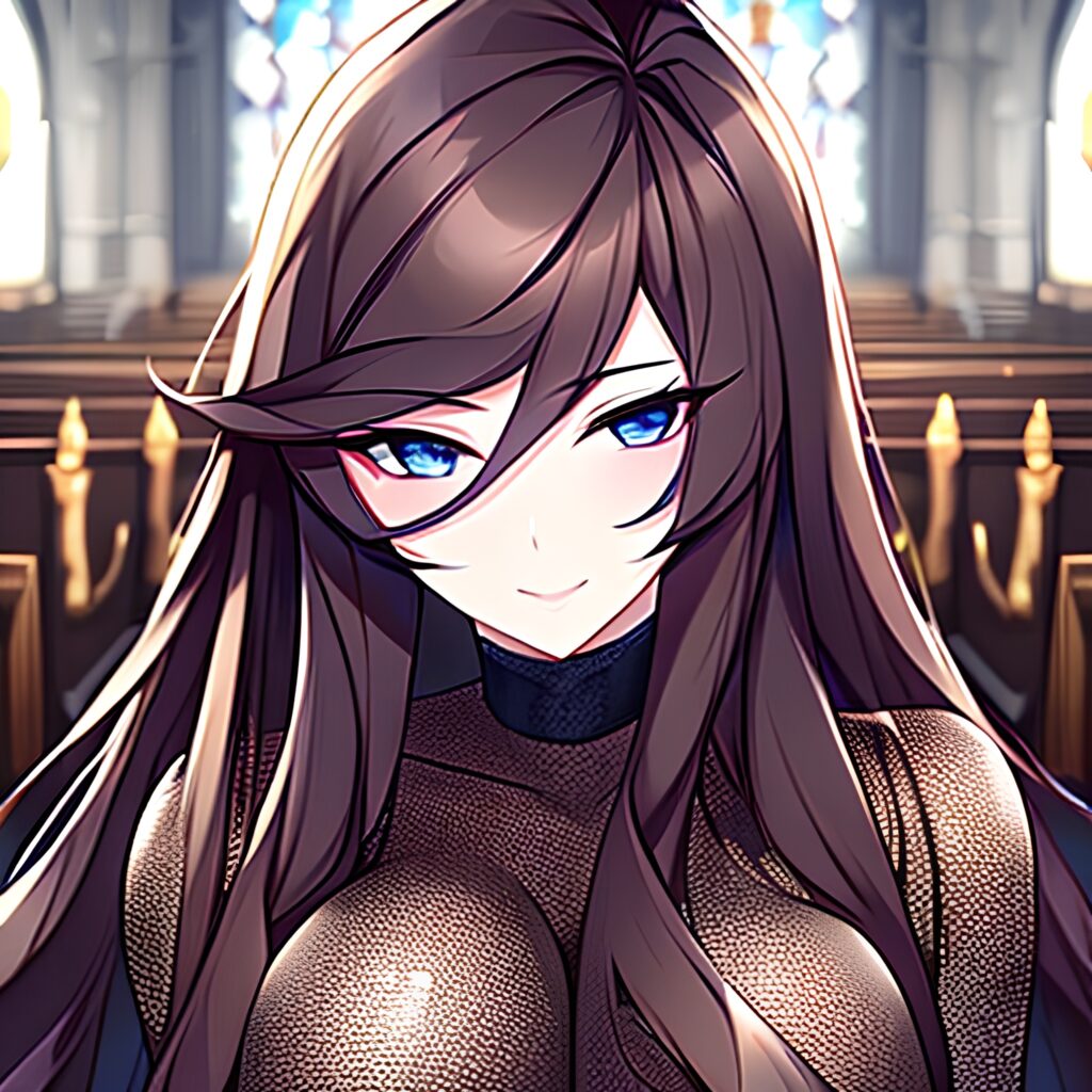 woman church brunette long hair messy hair fishnet