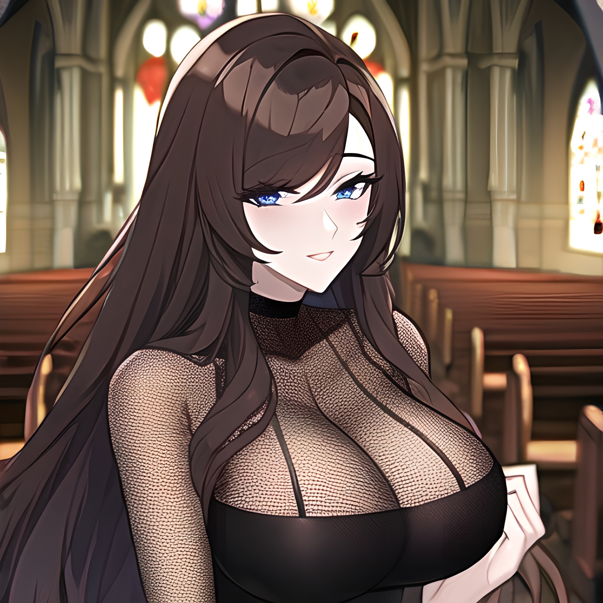 woman church brunette long hair messy hair fishnet