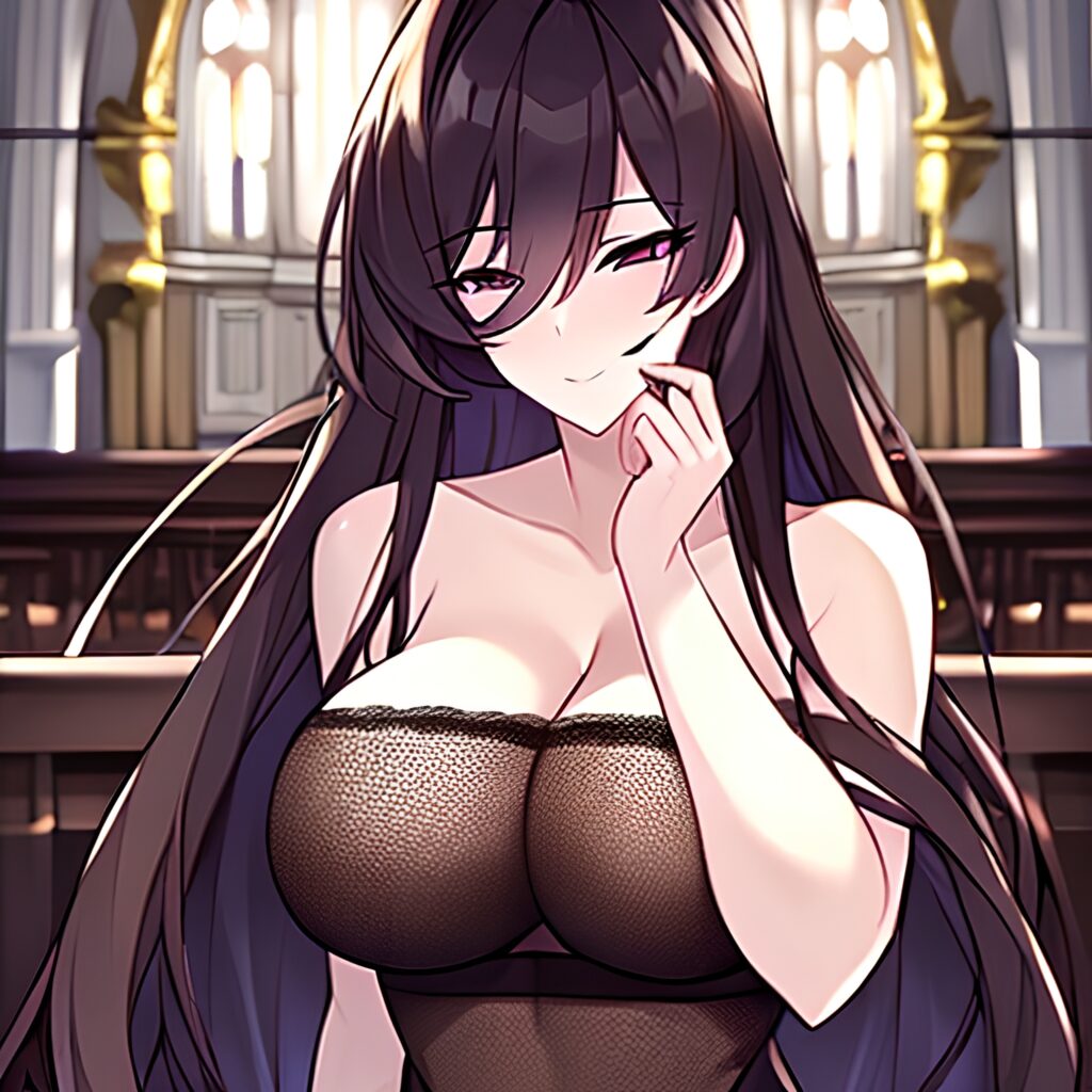 woman church brunette long hair messy hair fishnet