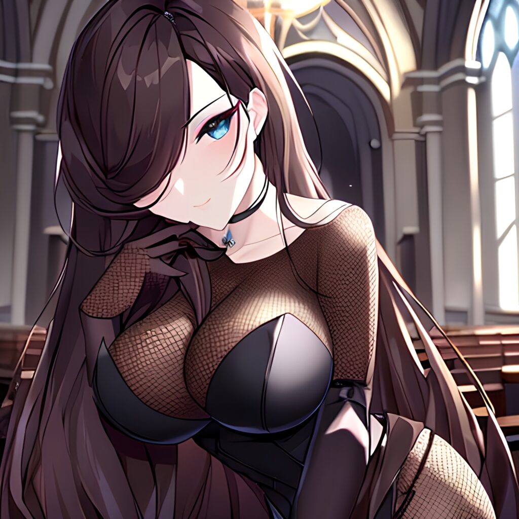 woman church brunette messy hair fishnet long hair 