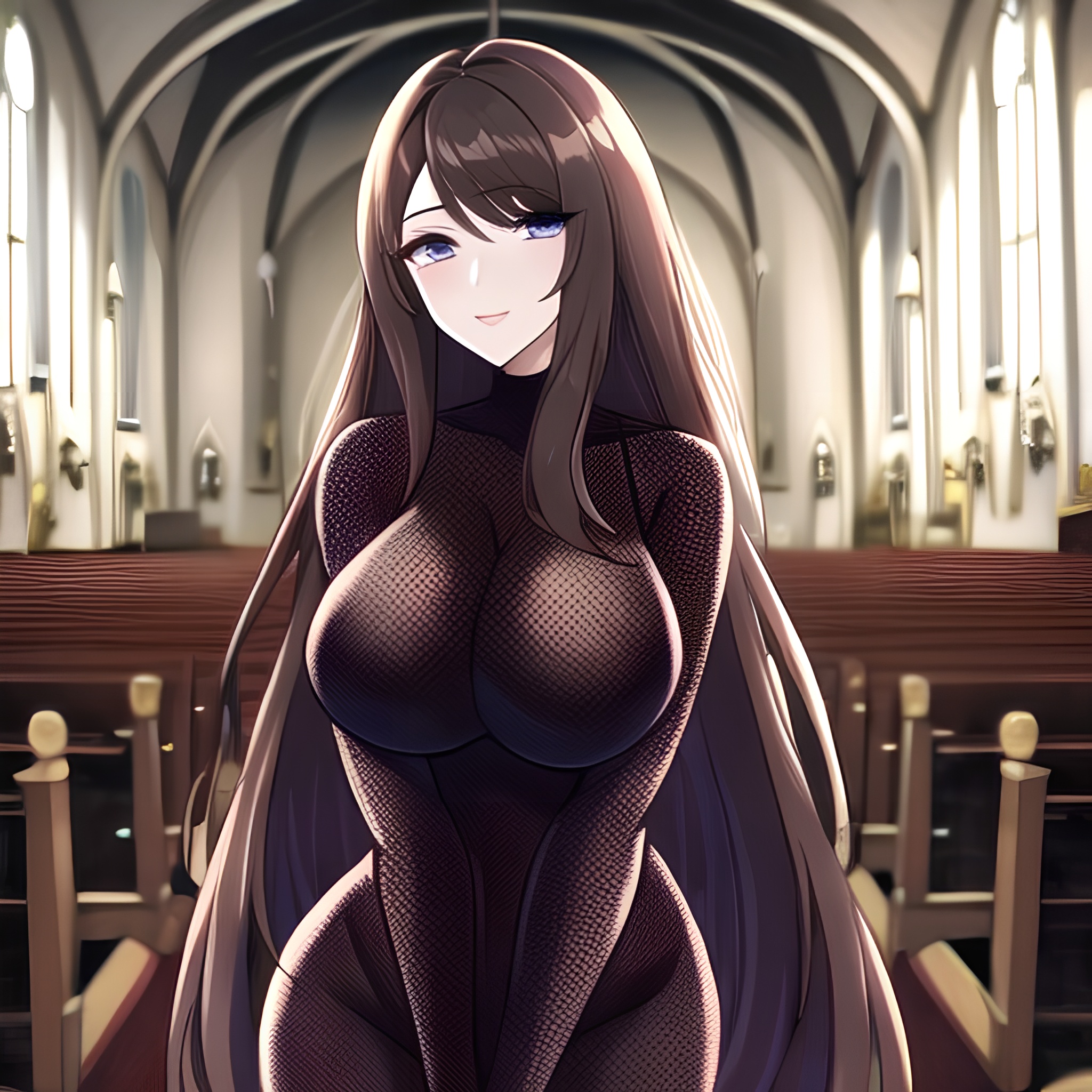 woman church brunette messy hair long hair fishnet