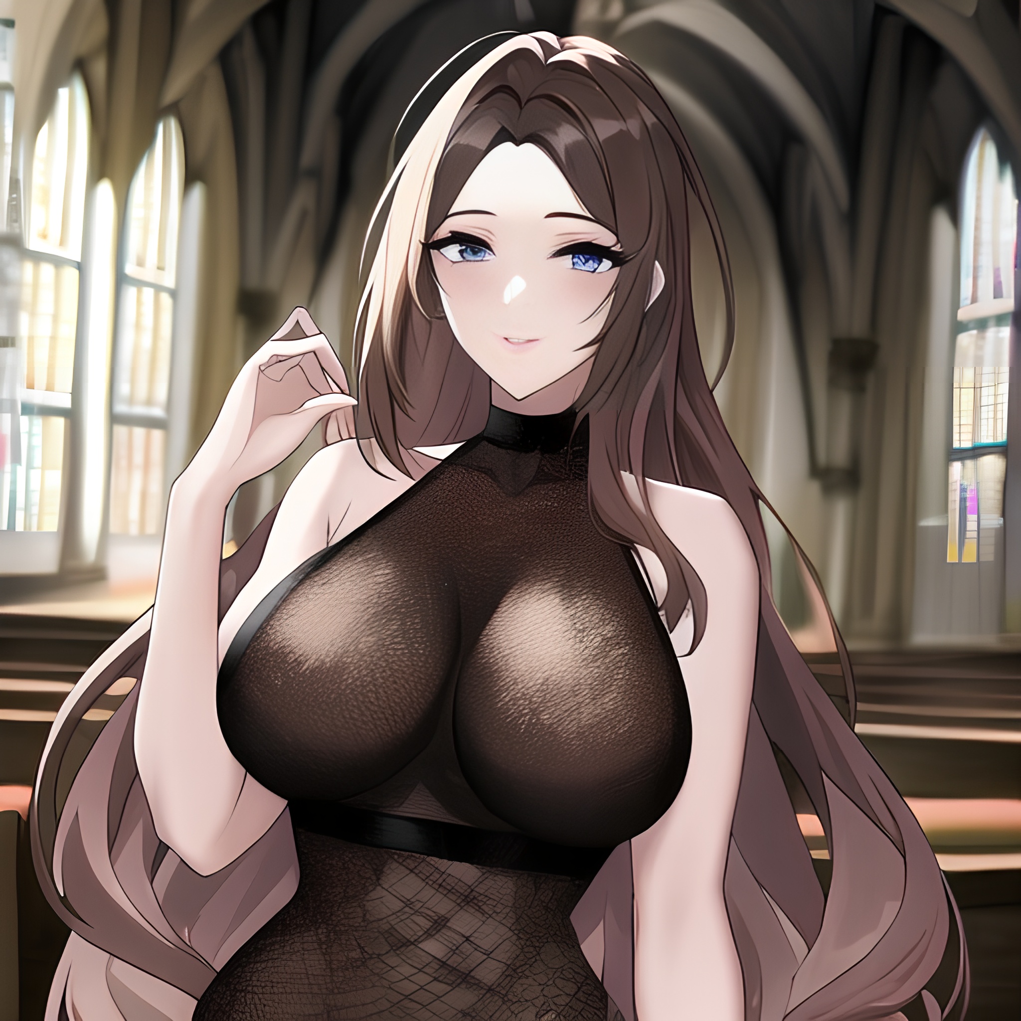 woman church fishnet brunette long hair messy hair 