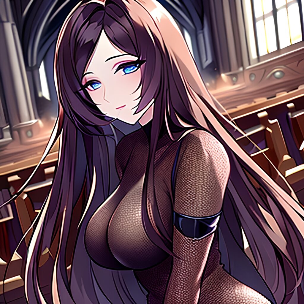 woman church fishnet brunette long hair messy hair 