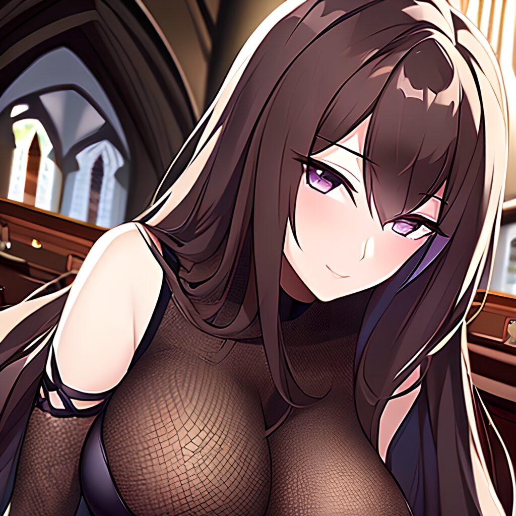 woman church fishnet brunette long hair messy hair
