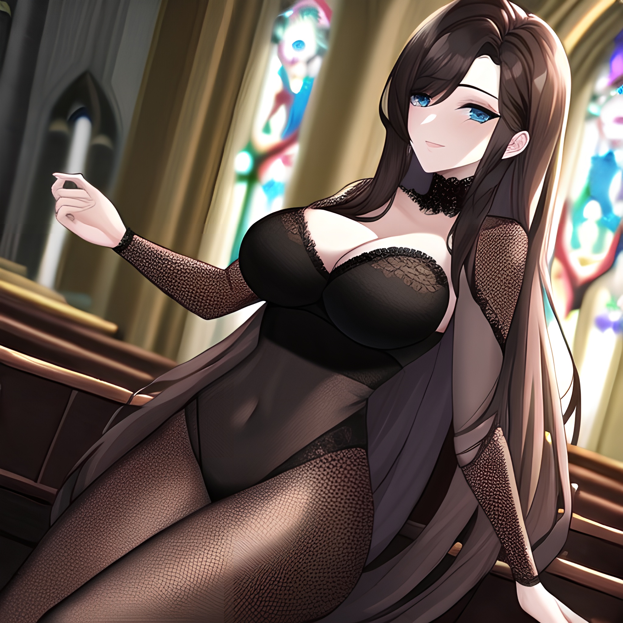 woman church fishnet brunette long hair messy hair