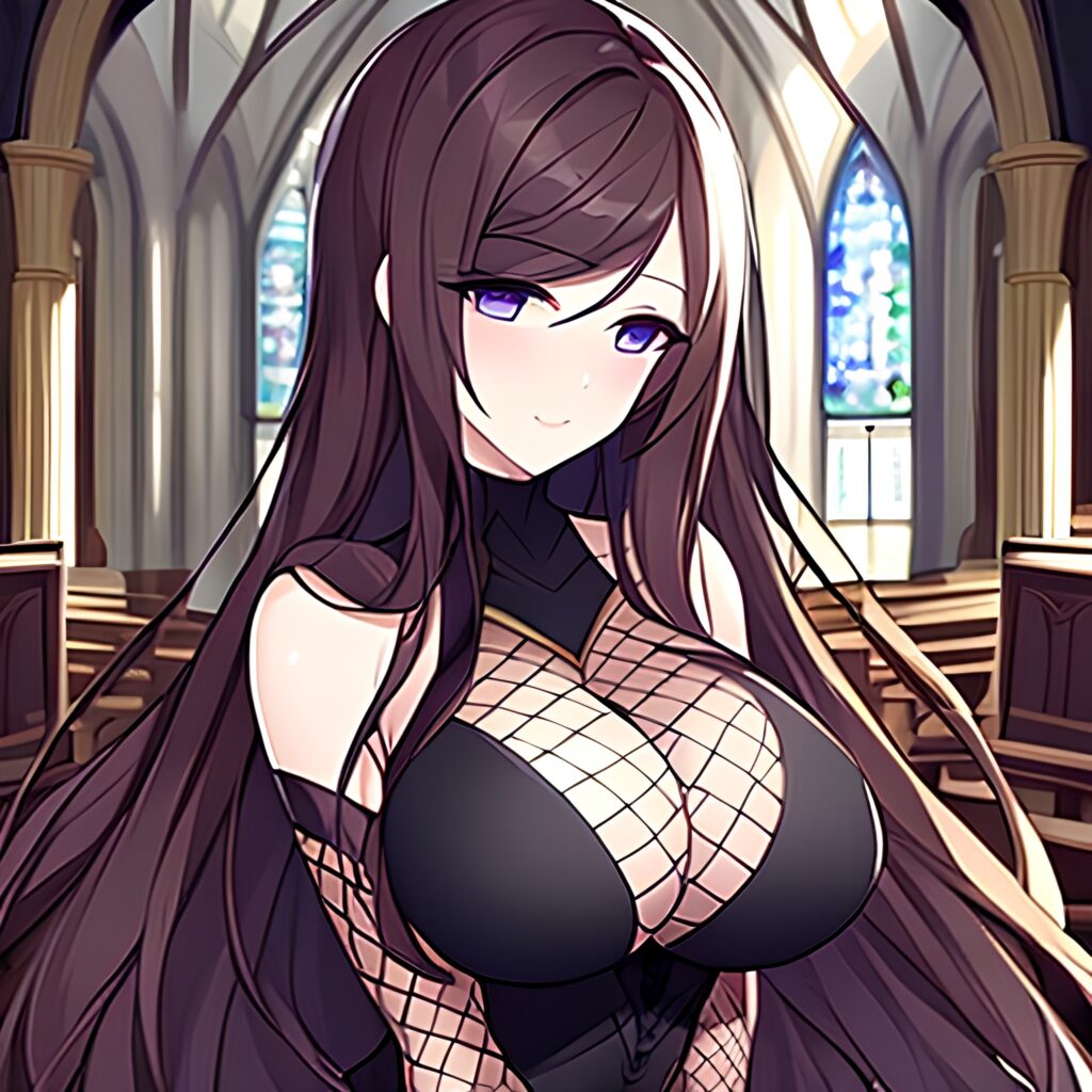 woman church fishnet brunette messy hair long hair