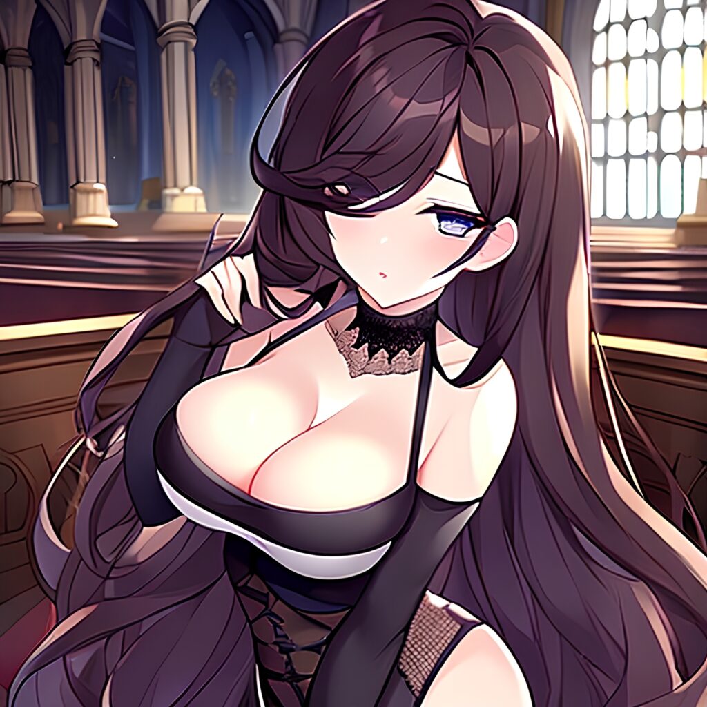woman church fishnet brunette messy hair long hair 