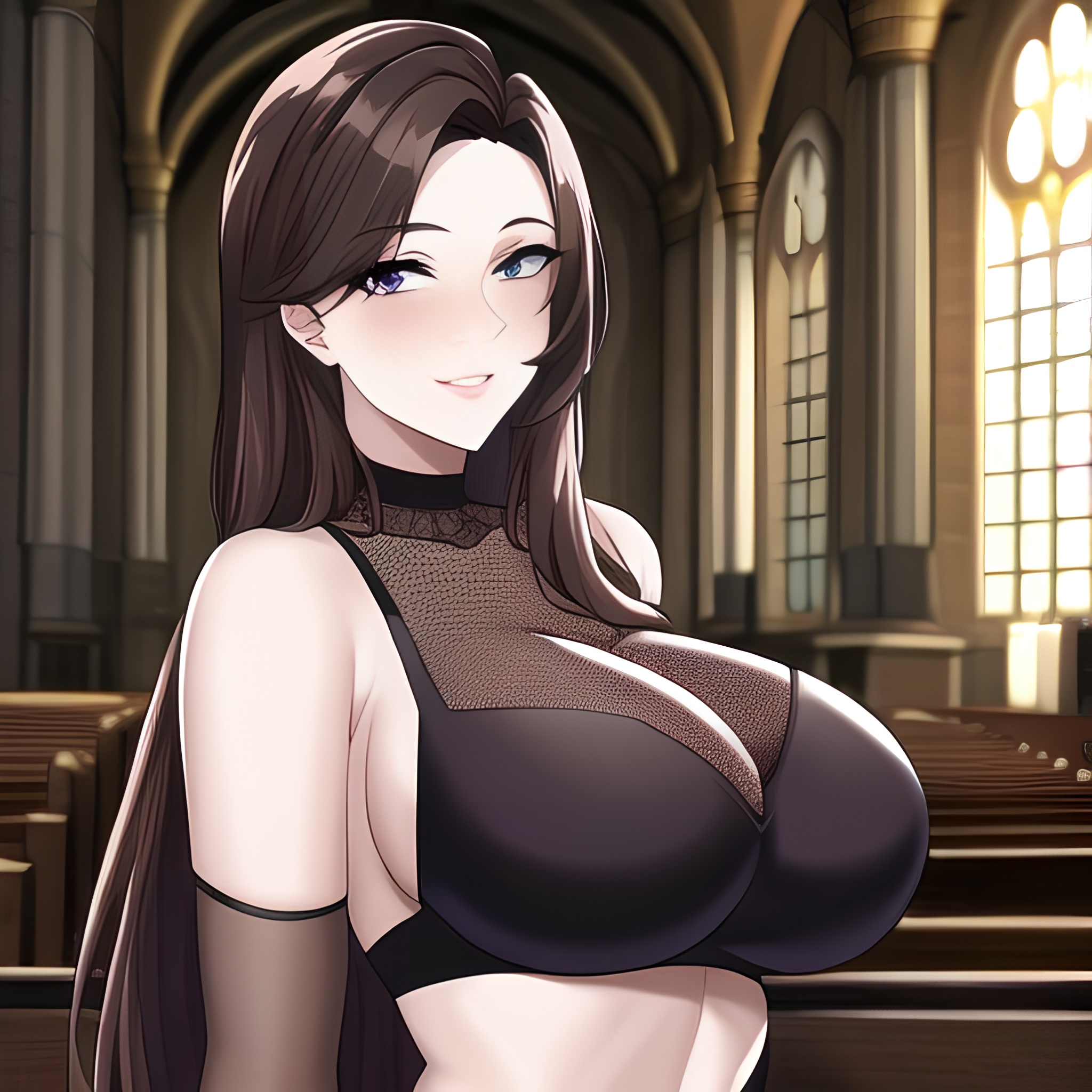woman church fishnet long hair brunette messy hair