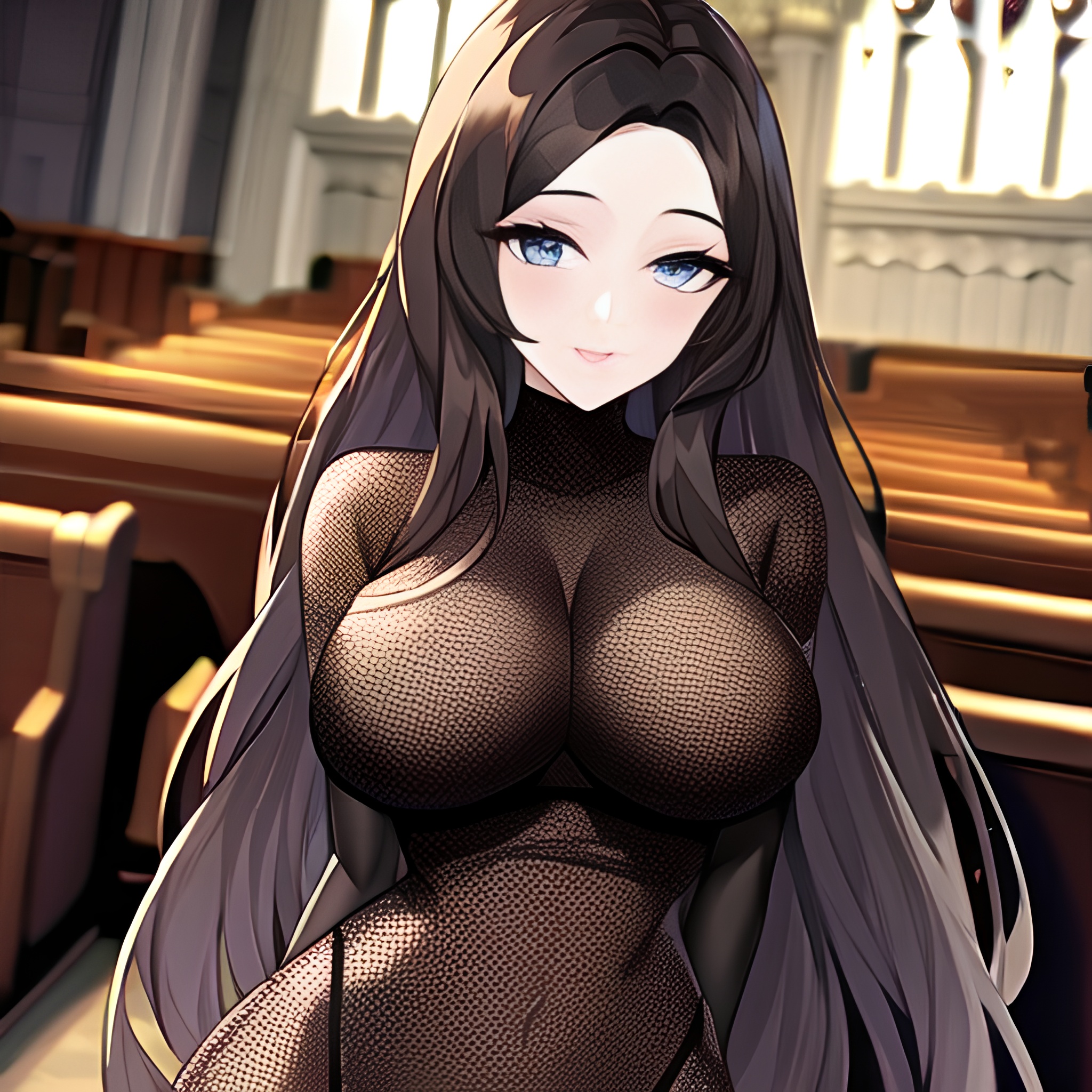 woman church fishnet long hair brunette messy hair 