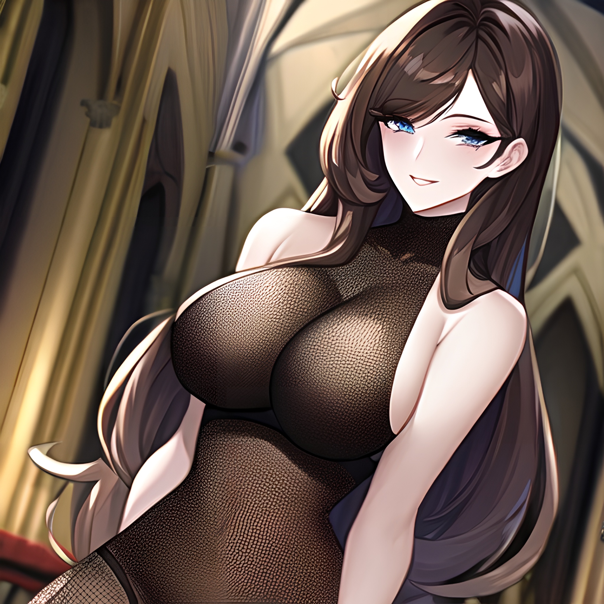 woman church fishnet long hair messy hair brunette 