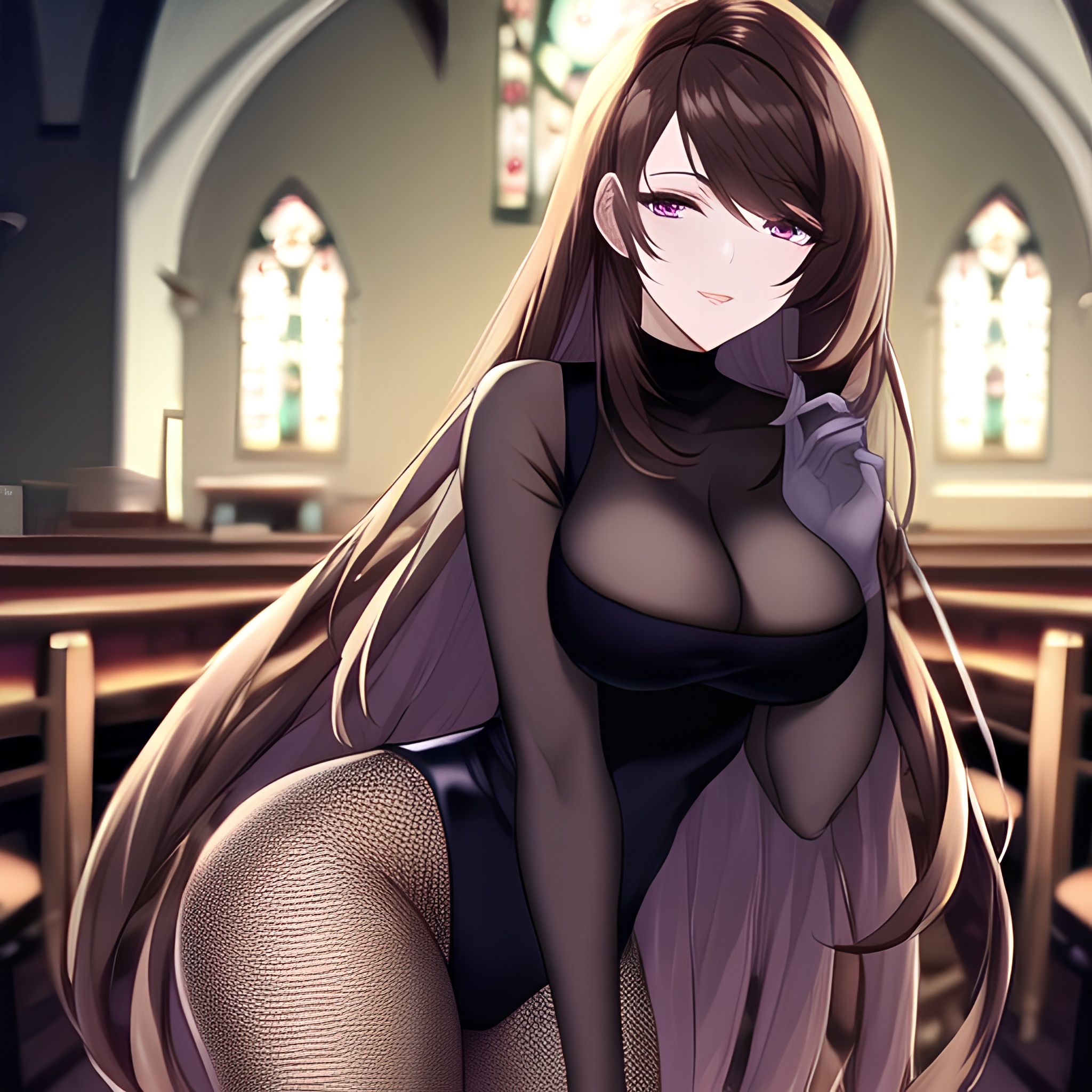 woman church fishnet messy hair brunette long hair