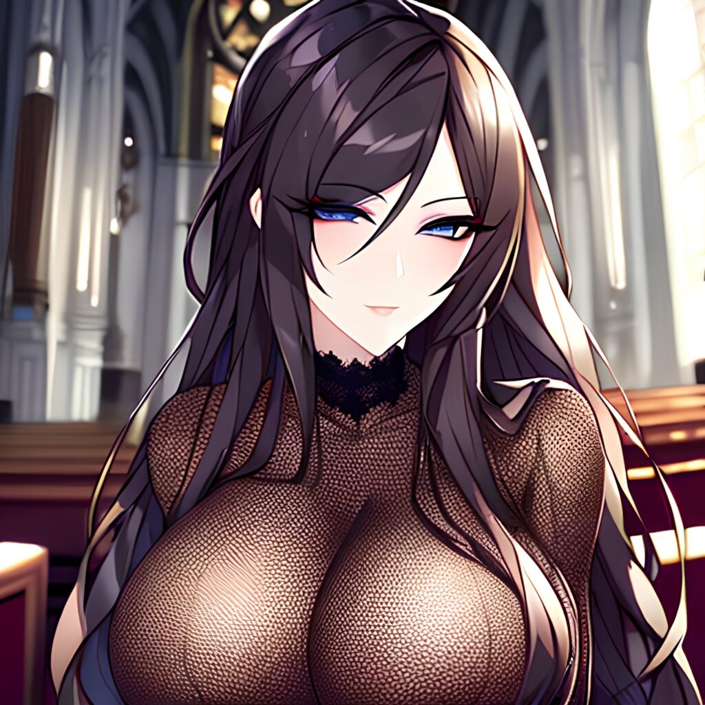woman church fishnet messy hair long hair brunette 