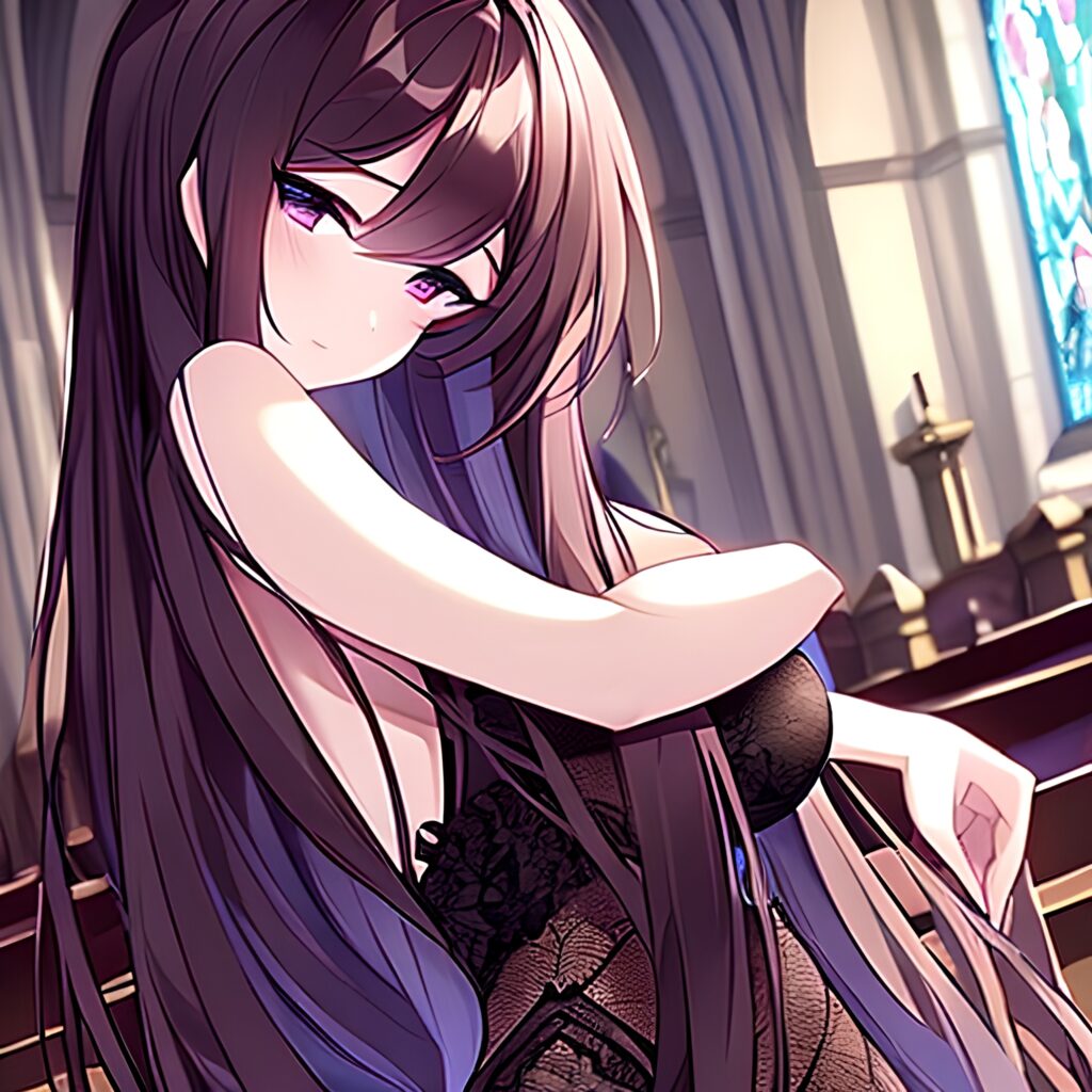 woman church fishnet messy hair long hair brunette 