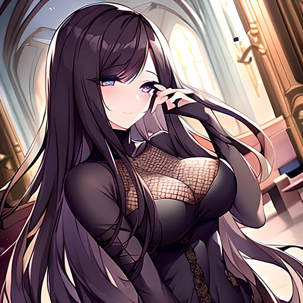 woman church fishnet messy hair long hair brunette
