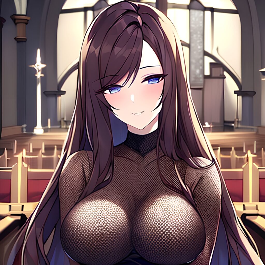 woman church long hair brunette fishnet messy hair