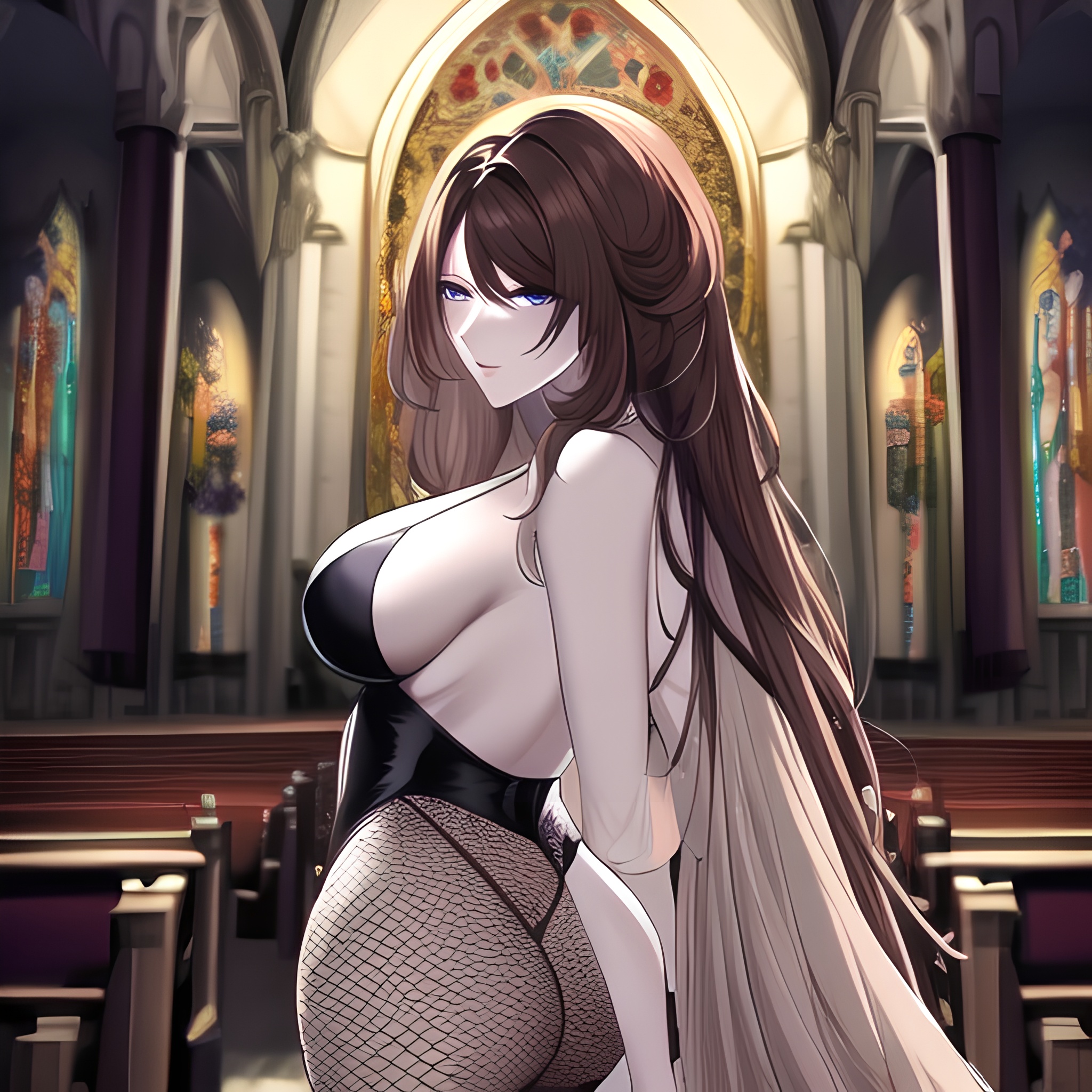 woman church long hair brunette fishnet messy hair